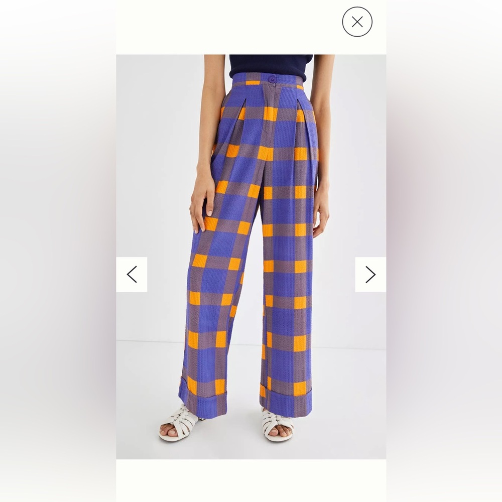 Plaid Wide Leg Pants - Blue and Yellow